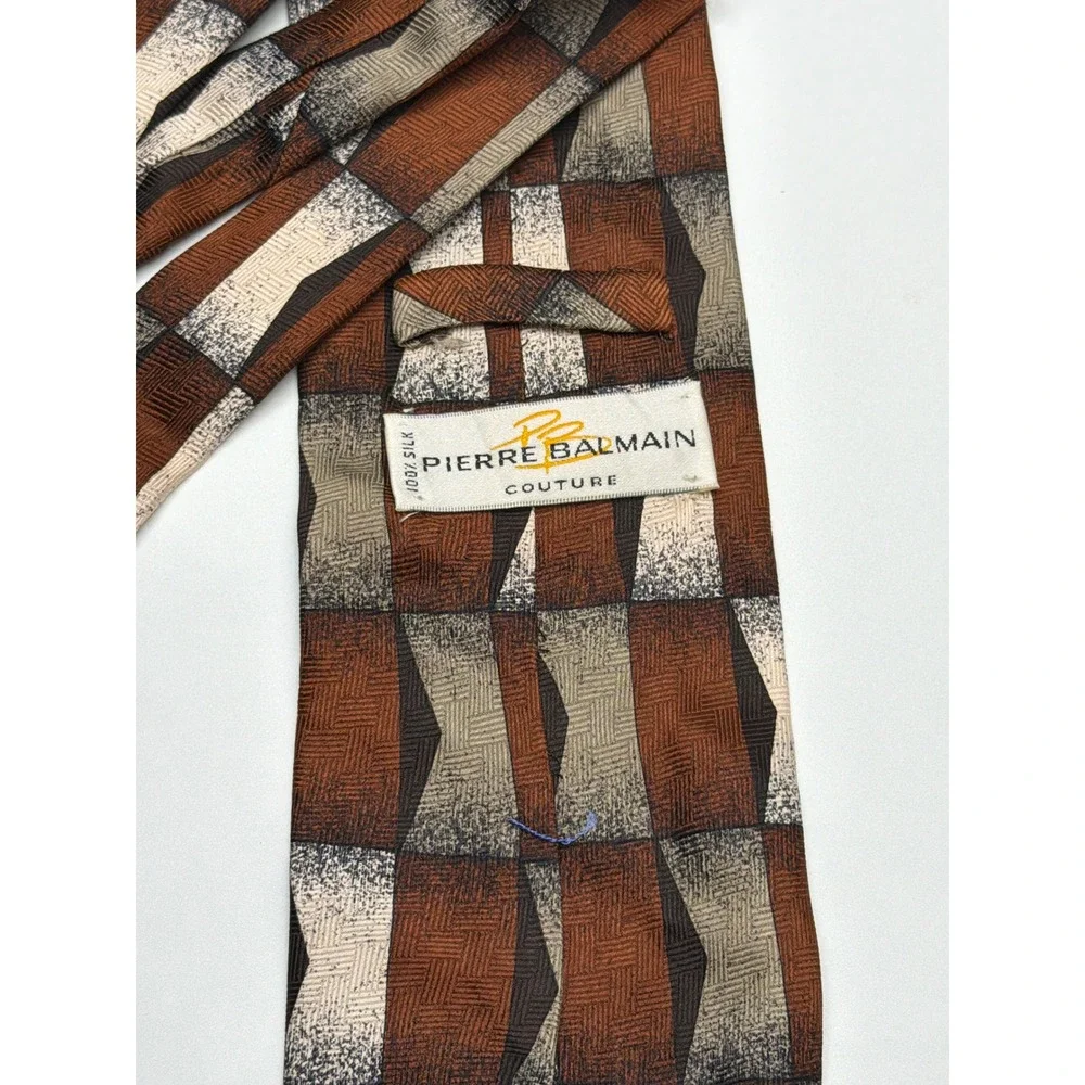 Pierre Balmain Couture Mens Silk Necktie‎ Brown Tan Grey Geometric Hand Made